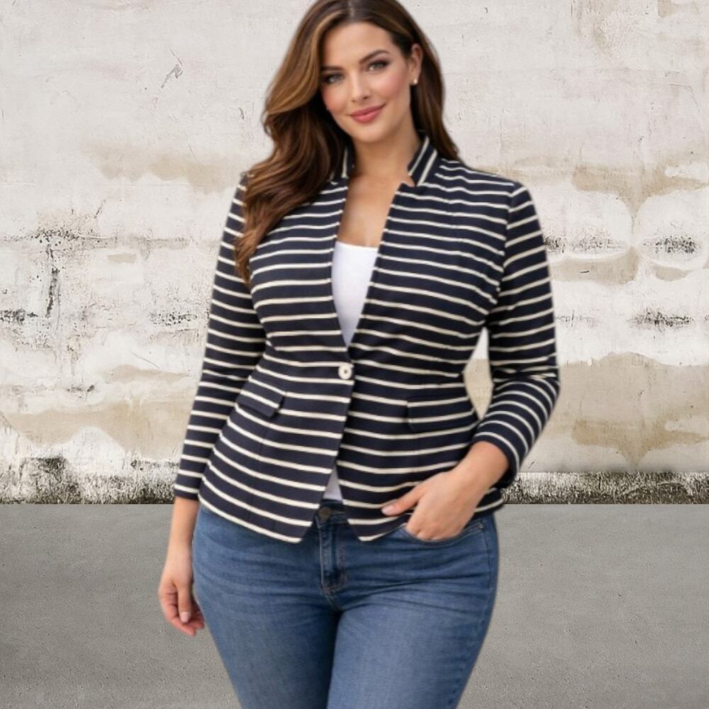 Banana Republic $89 Blue & White Striped White Blazer Jacket Linen Blend Size 6